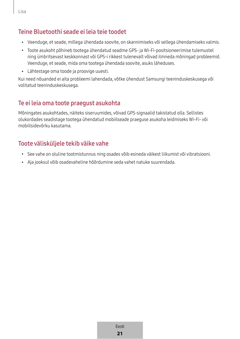 Teine bluetoothi seade ei leia teie toodet, Te ei leia oma toote praegust asukohta, Toote välisküljele tekib väike vahe | Samsung SmartTag2 Wireless Tracker (White) User Manual | Page 331 / 798