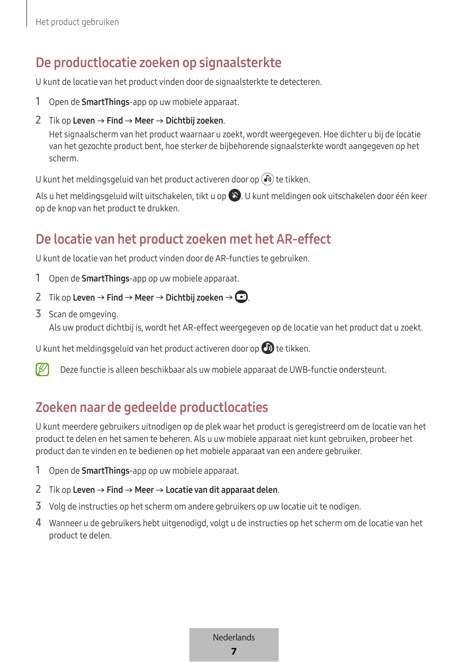 De productlocatie zoeken op signaalsterkte, Zoeken naar de gedeelde productlocaties | Samsung SmartTag2 Wireless Tracker (White) User Manual | Page 339 / 798