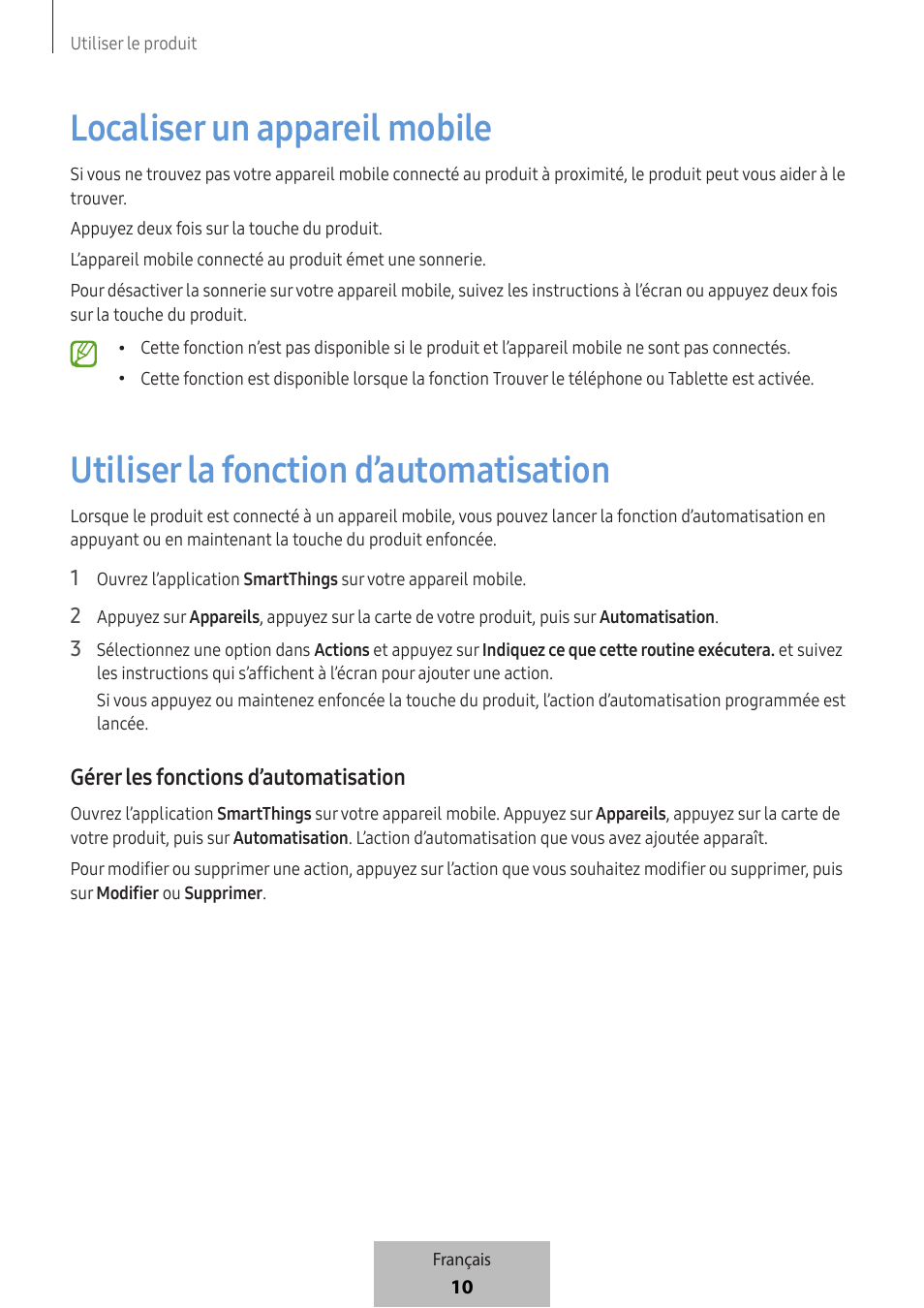 Localiser un appareil mobile, Utiliser la fonction d’automatisation, Gérer les fonctions d’automatisation | Samsung SmartTag2 Wireless Tracker (White) User Manual | Page 34 / 798