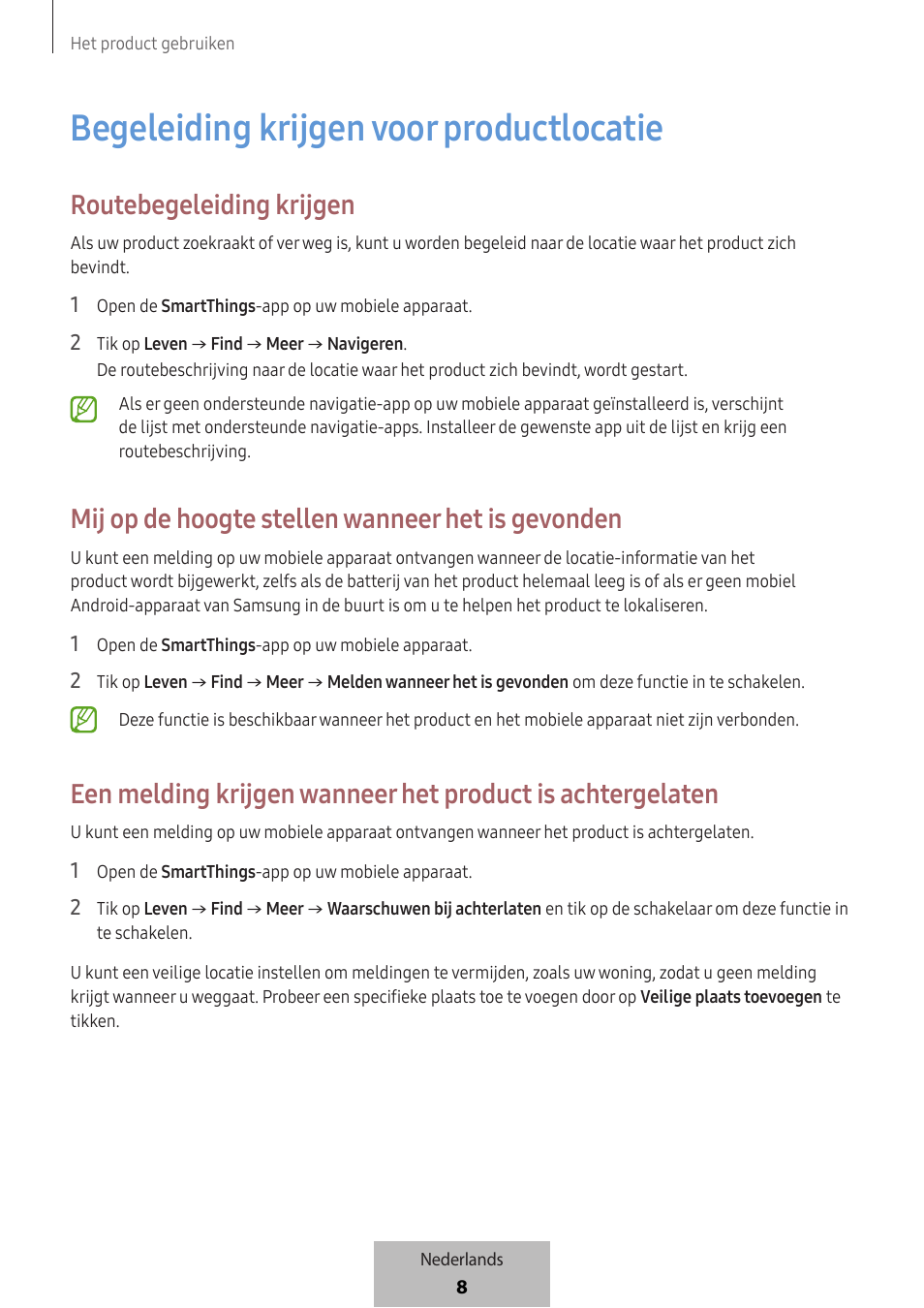 Begeleiding krijgen voor productlocatie, Routebegeleiding krijgen, Mij op de hoogte stellen wanneer het is gevonden | Samsung SmartTag2 Wireless Tracker (White) User Manual | Page 340 / 798