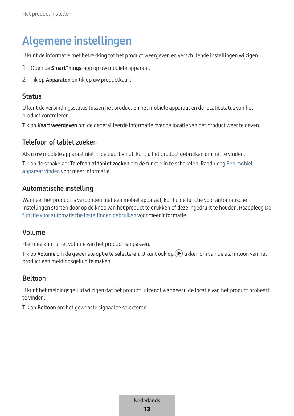 Algemene instellingen, Status, Telefoon of tablet zoeken | Automatische instelling, Volume, Beltoon | Samsung SmartTag2 Wireless Tracker (White) User Manual | Page 345 / 798