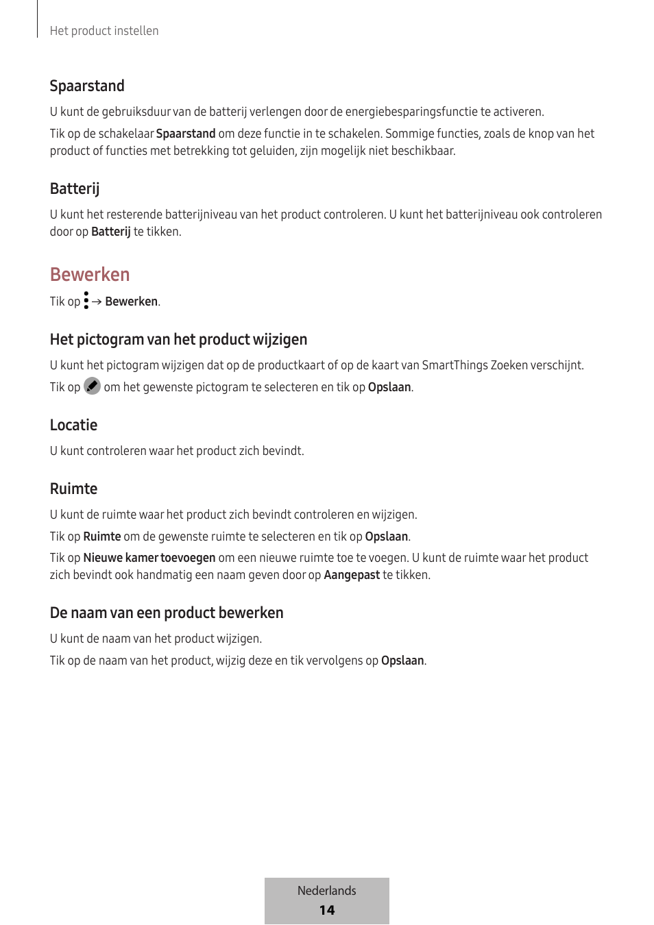 Bewerken, Spaarstand, Batterij | Het pictogram van het product wijzigen, Locatie, Ruimte, De naam van een product bewerken | Samsung SmartTag2 Wireless Tracker (White) User Manual | Page 346 / 798