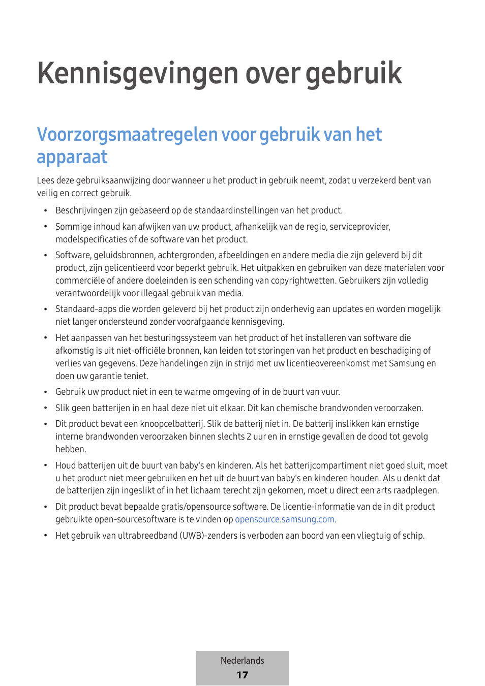 Kennisgevingen over gebruik, Voorzorgsmaatregelen voor gebruik van het apparaat | Samsung SmartTag2 Wireless Tracker (White) User Manual | Page 349 / 798