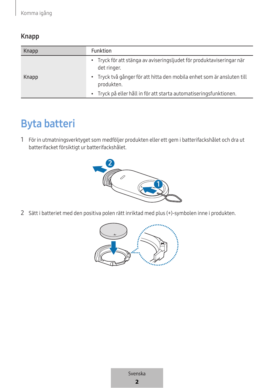 Byta batteri, Knapp | Samsung SmartTag2 Wireless Tracker (White) User Manual | Page 356 / 798