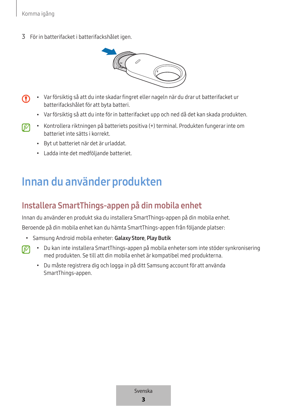 Innan du använder produkten, Installera smartthings-appen på din mobila enhet | Samsung SmartTag2 Wireless Tracker (White) User Manual | Page 357 / 798