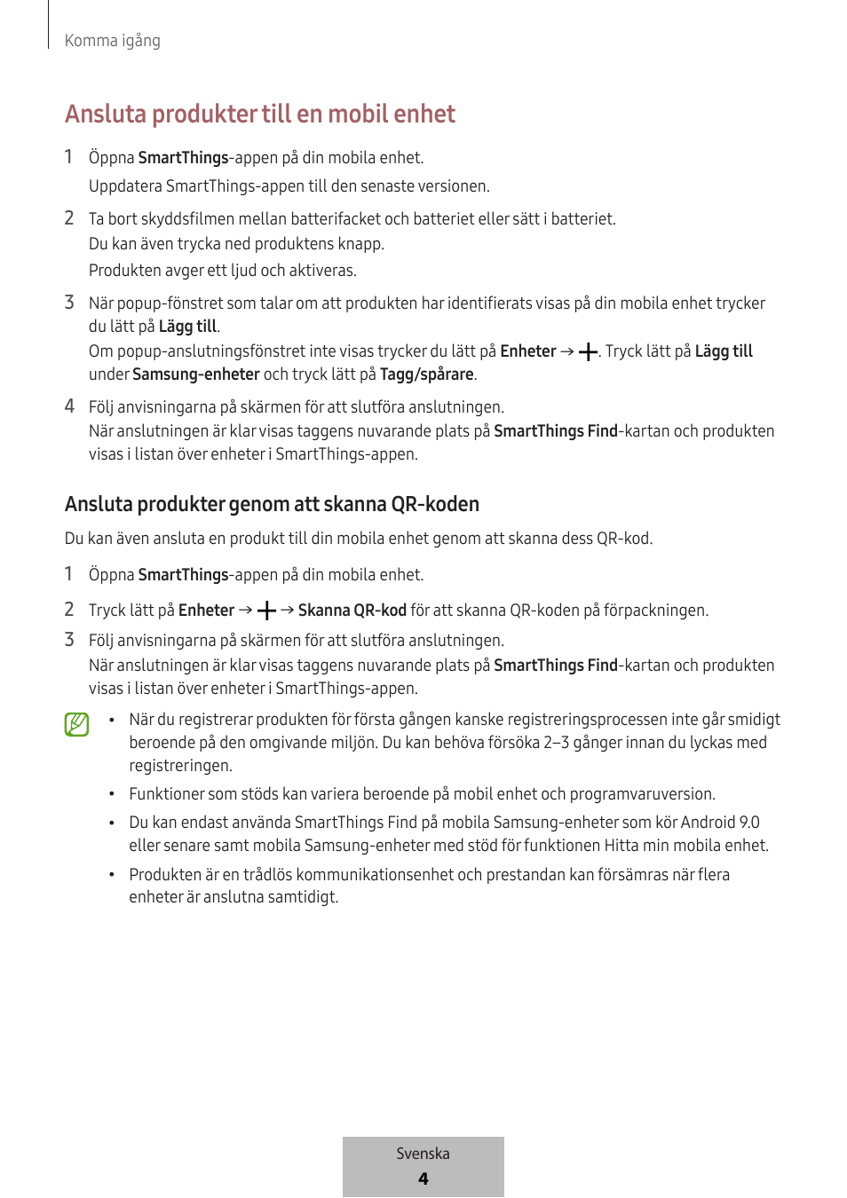 Ansluta produkter till en mobil enhet, Ansluta produkter genom att skanna qr-koden | Samsung SmartTag2 Wireless Tracker (White) User Manual | Page 358 / 798