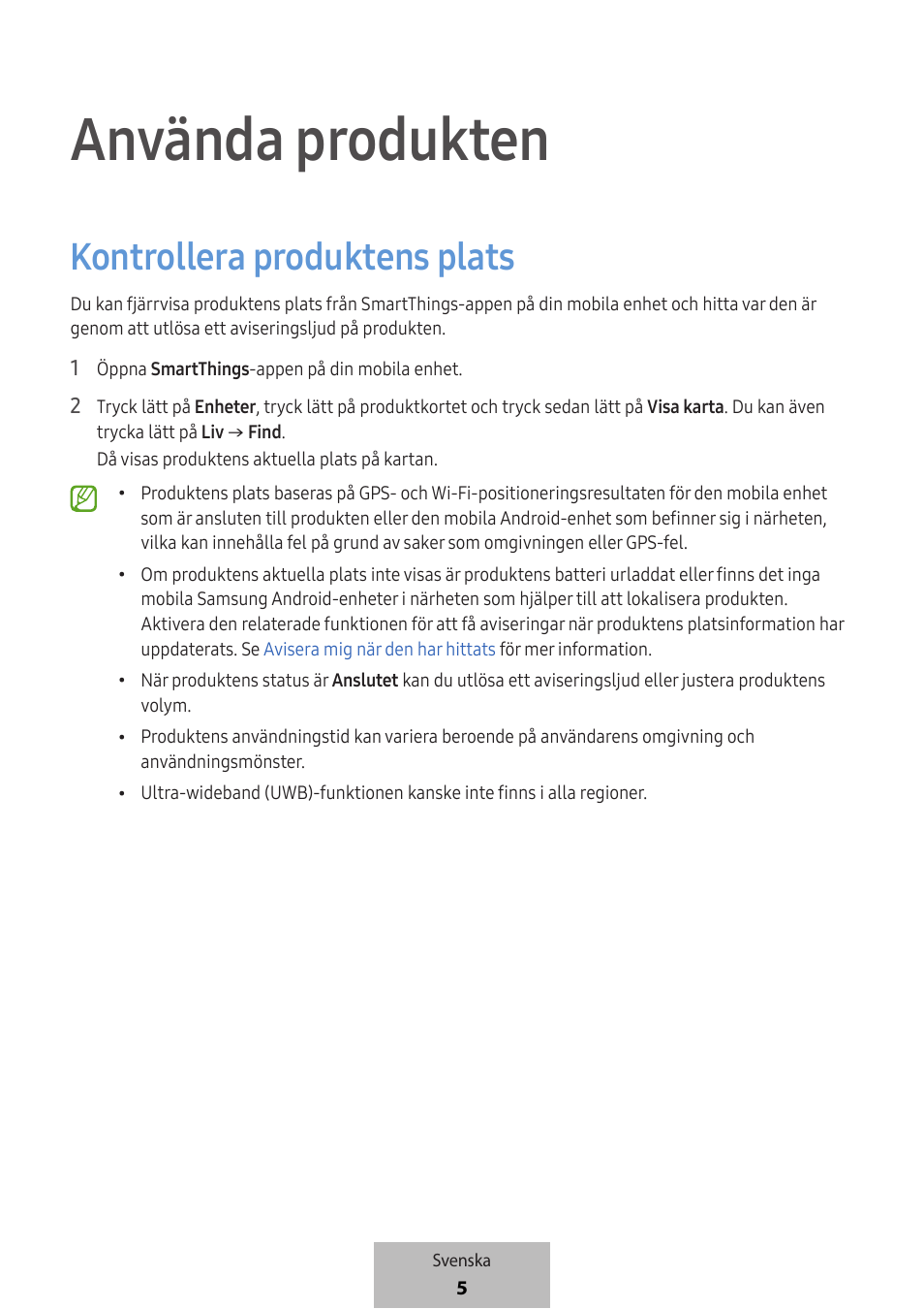 Använda produkten, Kontrollera produktens plats | Samsung SmartTag2 Wireless Tracker (White) User Manual | Page 359 / 798