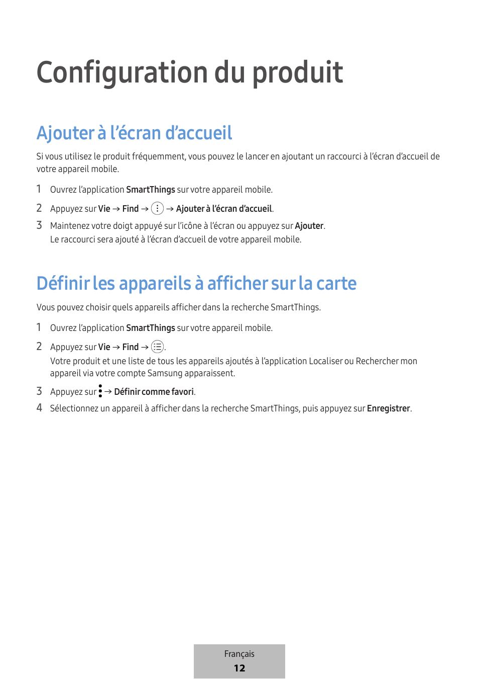 Configuration du produit, Ajouter à l’écran d’accueil, Définir les appareils à afficher sur la carte | Samsung SmartTag2 Wireless Tracker (White) User Manual | Page 36 / 798