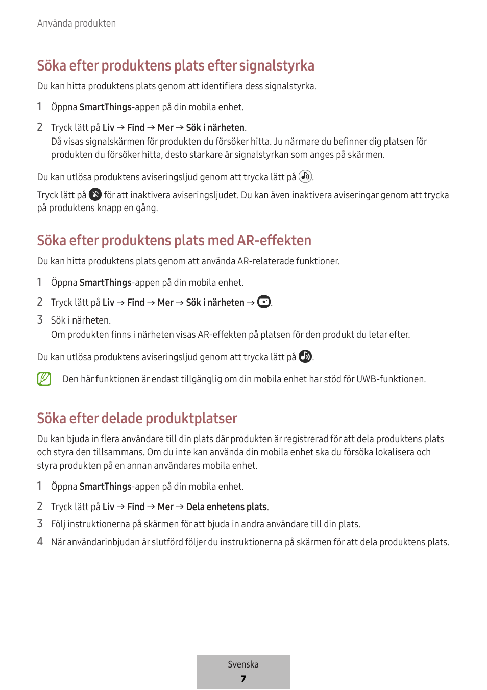 Söka efter produktens plats efter signalstyrka, Söka efter produktens plats med ar-effekten, Söka efter delade produktplatser | Samsung SmartTag2 Wireless Tracker (White) User Manual | Page 361 / 798