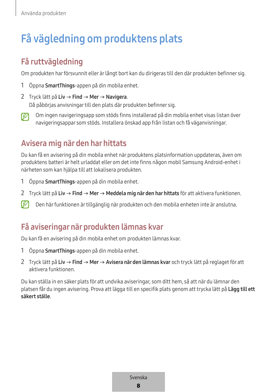 Få vägledning om produktens plats, Få ruttvägledning, Avisera mig när den har hittats | Få aviseringar när produkten lämnas kvar | Samsung SmartTag2 Wireless Tracker (White) User Manual | Page 362 / 798