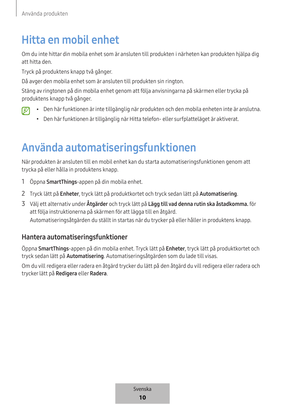 Hitta en mobil enhet, Använda automatiseringsfunktionen, Hantera automatiseringsfunktioner | Samsung SmartTag2 Wireless Tracker (White) User Manual | Page 364 / 798