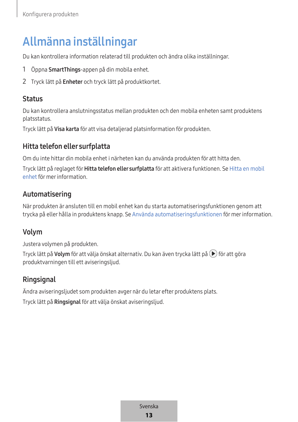 Allmänna inställningar, Status, Hitta telefon eller surfplatta | Automatisering, Volym, Ringsignal | Samsung SmartTag2 Wireless Tracker (White) User Manual | Page 367 / 798