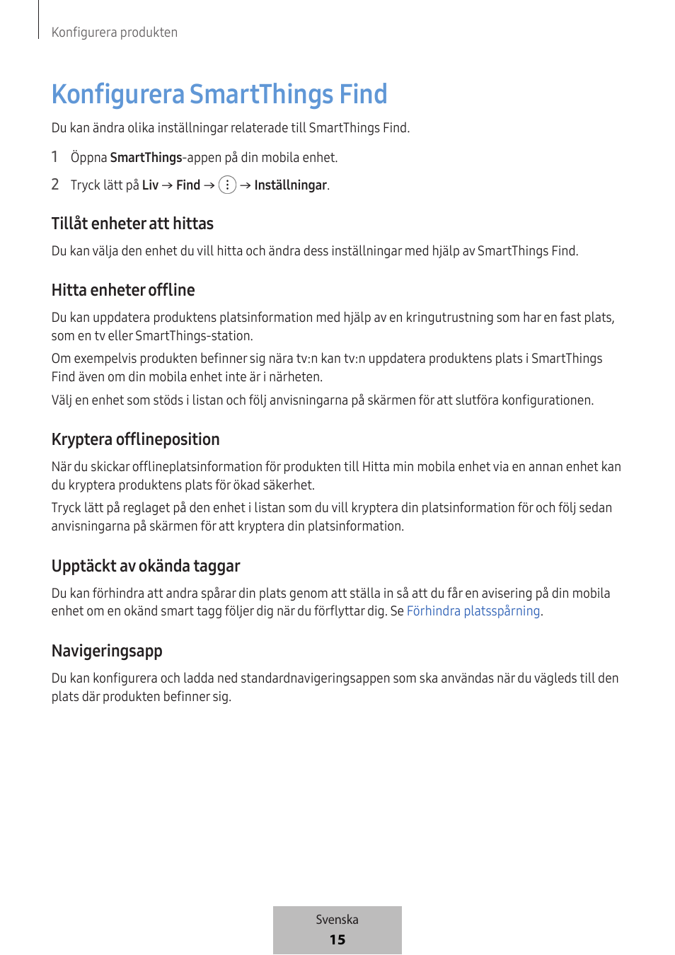 Konfigurera smartthings find, Tillåt enheter att hittas, Hitta enheter offline | Kryptera offlineposition, Upptäckt av okända taggar, Navigeringsapp | Samsung SmartTag2 Wireless Tracker (White) User Manual | Page 369 / 798