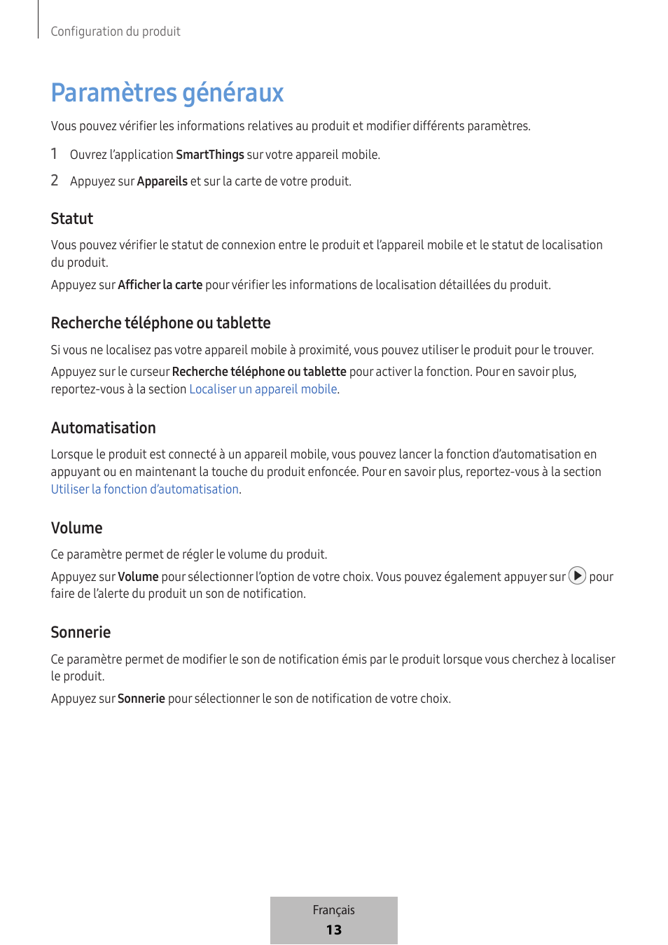 Paramètres généraux, Statut, Recherche téléphone ou tablette | Automatisation, Volume, Sonnerie | Samsung SmartTag2 Wireless Tracker (White) User Manual | Page 37 / 798