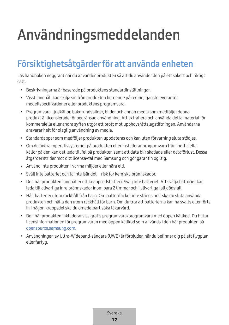 Användningsmeddelanden, Försiktighetsåtgärder för att använda enheten | Samsung SmartTag2 Wireless Tracker (White) User Manual | Page 371 / 798