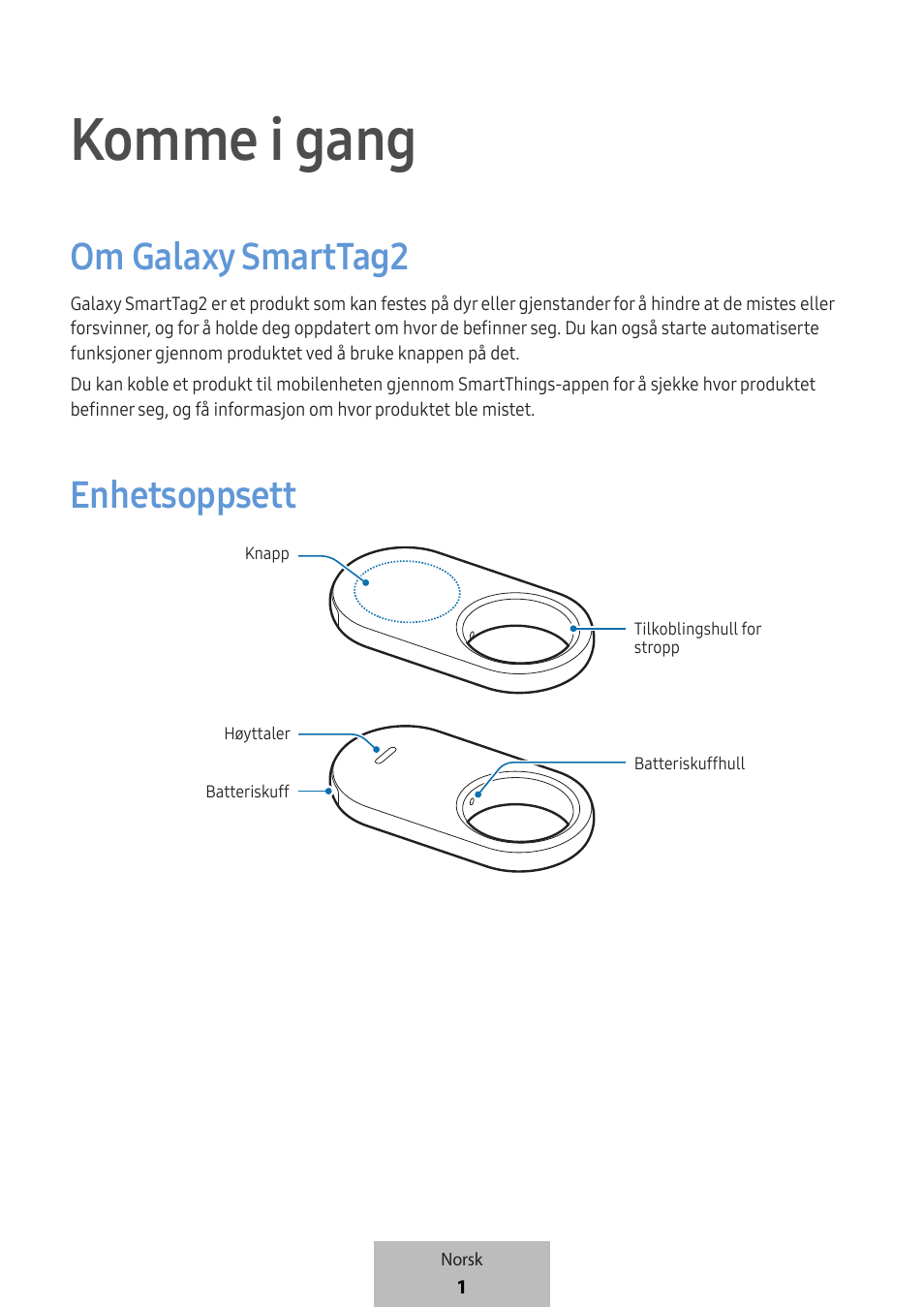 Norsk, Komme i gang, Om galaxy smarttag2 | Enhetsoppsett | Samsung SmartTag2 Wireless Tracker (White) User Manual | Page 377 / 798