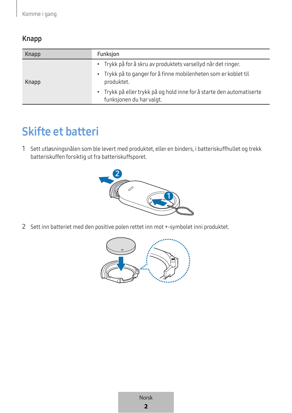 Skifte et batteri, Knapp | Samsung SmartTag2 Wireless Tracker (White) User Manual | Page 378 / 798