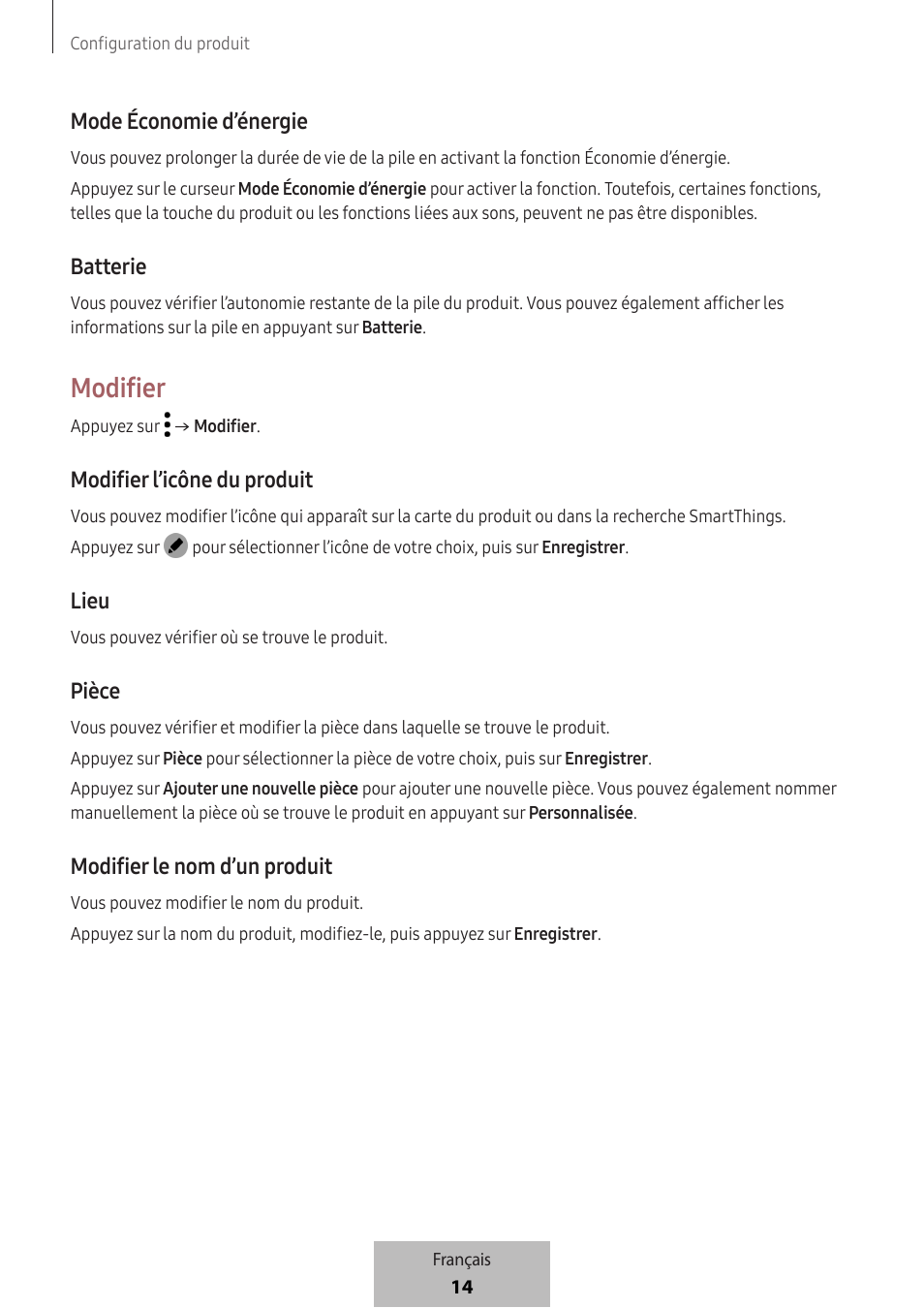 Modifier, Mode économie d’énergie, Batterie | Modifier l’icône du produit, Lieu, Pièce, Modifier le nom d’un produit | Samsung SmartTag2 Wireless Tracker (White) User Manual | Page 38 / 798