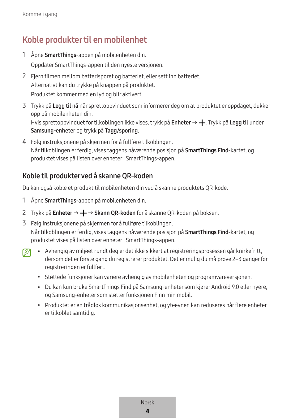 Koble produkter til en mobilenhet, Koble til produkter ved å skanne qr-koden | Samsung SmartTag2 Wireless Tracker (White) User Manual | Page 380 / 798