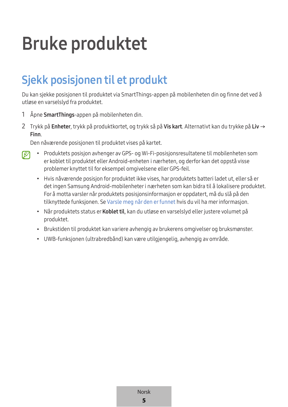 Bruke produktet, Sjekk posisjonen til et produkt | Samsung SmartTag2 Wireless Tracker (White) User Manual | Page 381 / 798