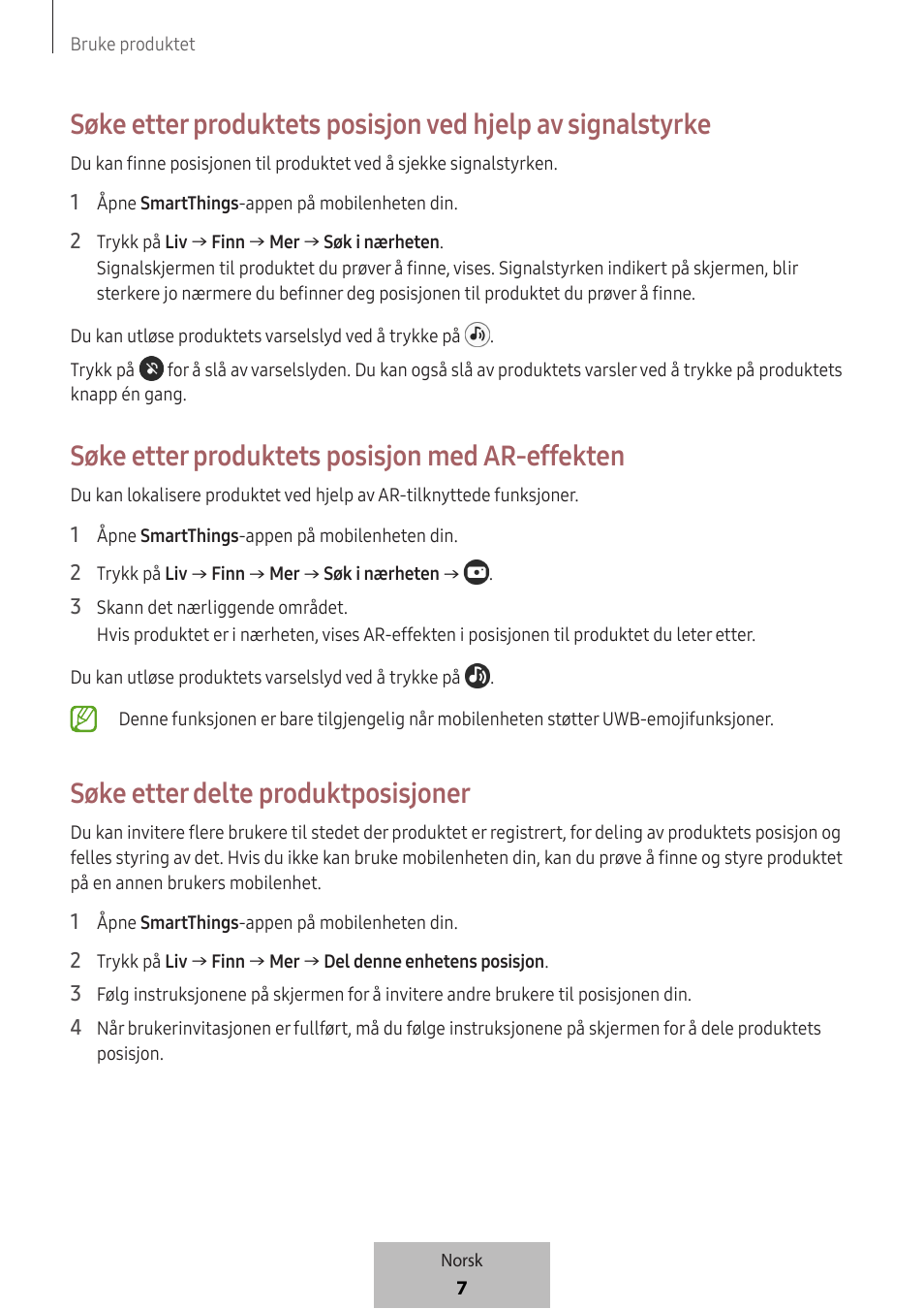 Søke etter produktets posisjon med ar-effekten, Søke etter delte produktposisjoner | Samsung SmartTag2 Wireless Tracker (White) User Manual | Page 383 / 798