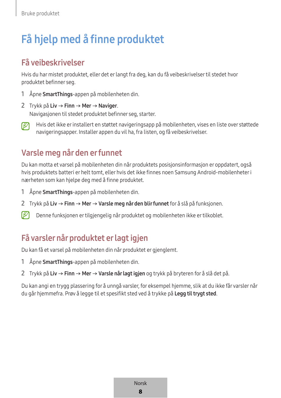 Få hjelp med å finne produktet, Få veibeskrivelser, Varsle meg når den er funnet | Få varsler når produktet er lagt igjen | Samsung SmartTag2 Wireless Tracker (White) User Manual | Page 384 / 798