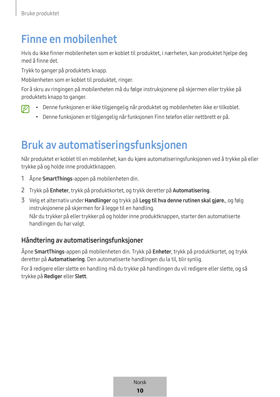 Finne en mobilenhet, Bruk av automatiseringsfunksjonen, Håndtering av automatiseringsfunksjoner | Samsung SmartTag2 Wireless Tracker (White) User Manual | Page 386 / 798