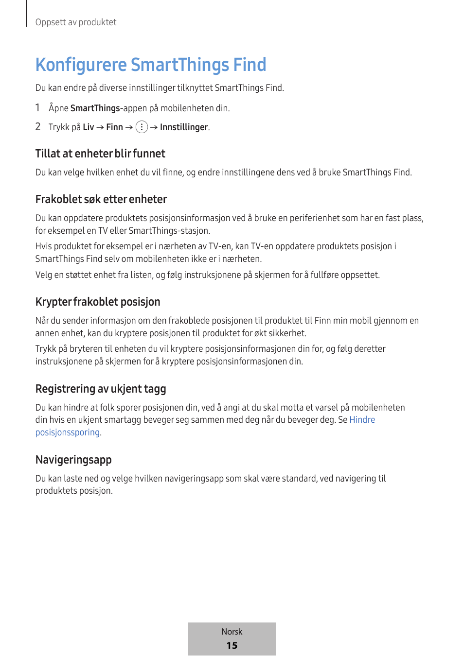 Konfigurere smartthings find, Tillat at enheter blir funnet, Frakoblet søk etter enheter | Krypter frakoblet posisjon, Registrering av ukjent tagg, Navigeringsapp | Samsung SmartTag2 Wireless Tracker (White) User Manual | Page 391 / 798