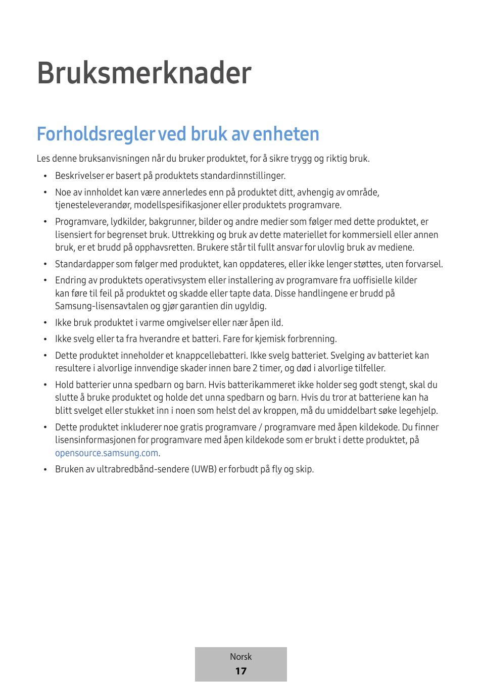 Bruksmerknader, Forholdsregler ved bruk av enheten | Samsung SmartTag2 Wireless Tracker (White) User Manual | Page 393 / 798