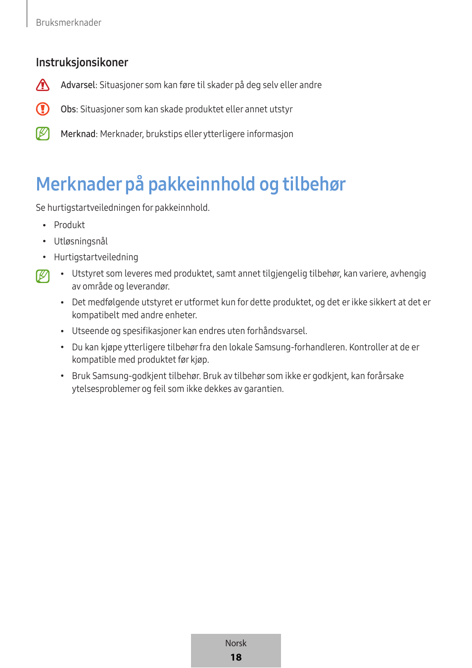 Merknader på pakkeinnhold og tilbehør, Instruksjonsikoner | Samsung SmartTag2 Wireless Tracker (White) User Manual | Page 394 / 798