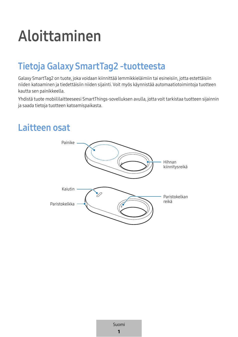 Suomi, Aloittaminen, Tietoja galaxy smarttag2 -tuotteesta | Laitteen osat | Samsung SmartTag2 Wireless Tracker (White) User Manual | Page 399 / 798