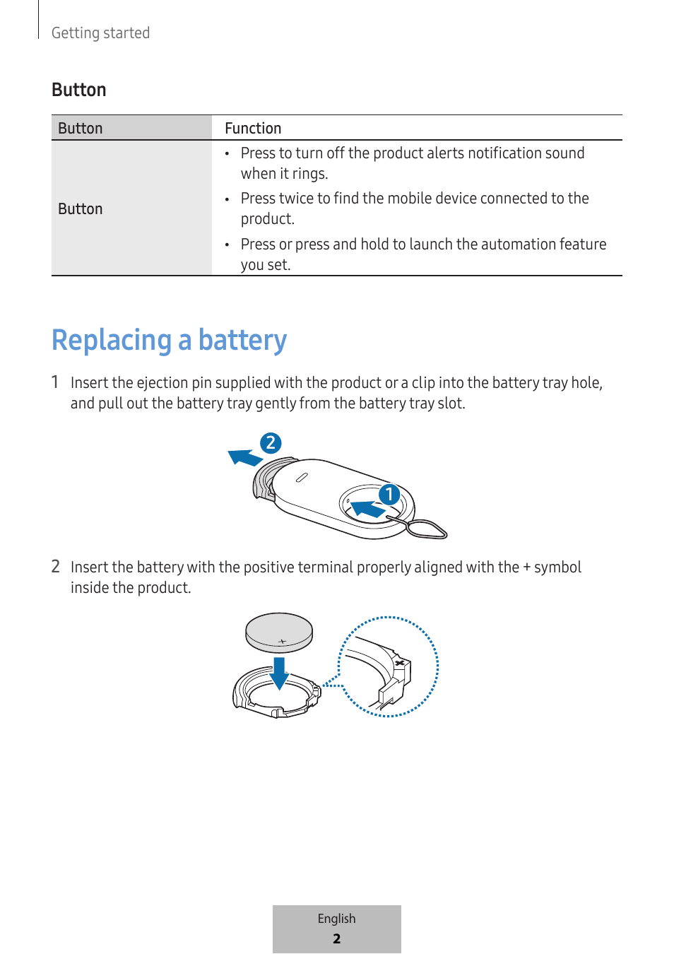 Replacing a battery, Button | Samsung SmartTag2 Wireless Tracker (White) User Manual | Page 4 / 798