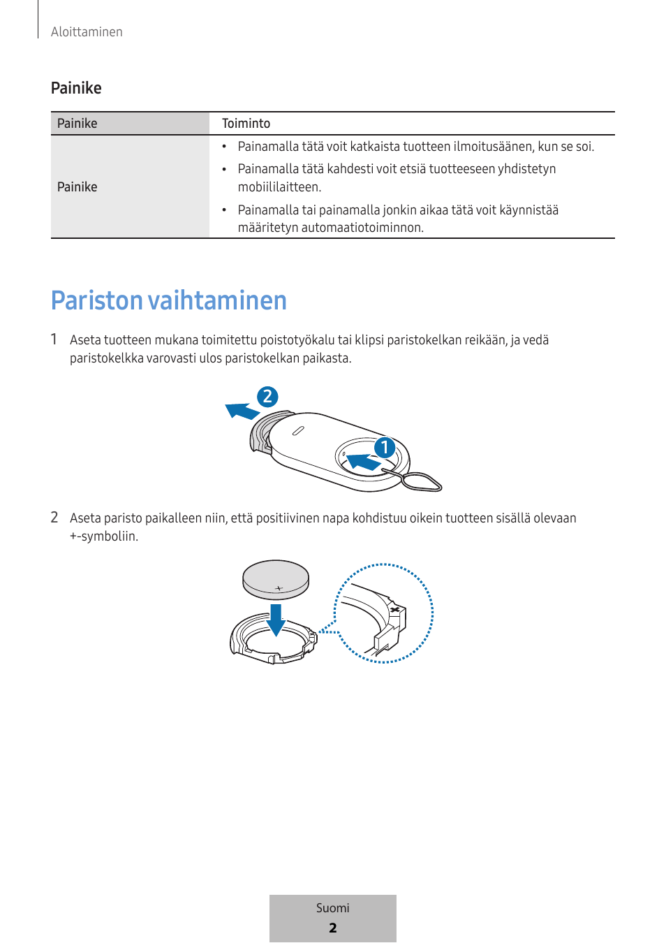 Pariston vaihtaminen, Painike | Samsung SmartTag2 Wireless Tracker (White) User Manual | Page 400 / 798