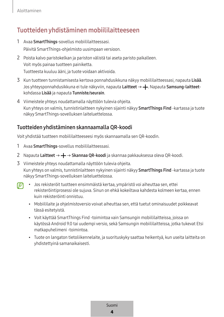 Tuotteiden yhdistäminen mobiililaitteeseen, Tuotteiden yhdistäminen skannaamalla qr-koodi | Samsung SmartTag2 Wireless Tracker (White) User Manual | Page 402 / 798