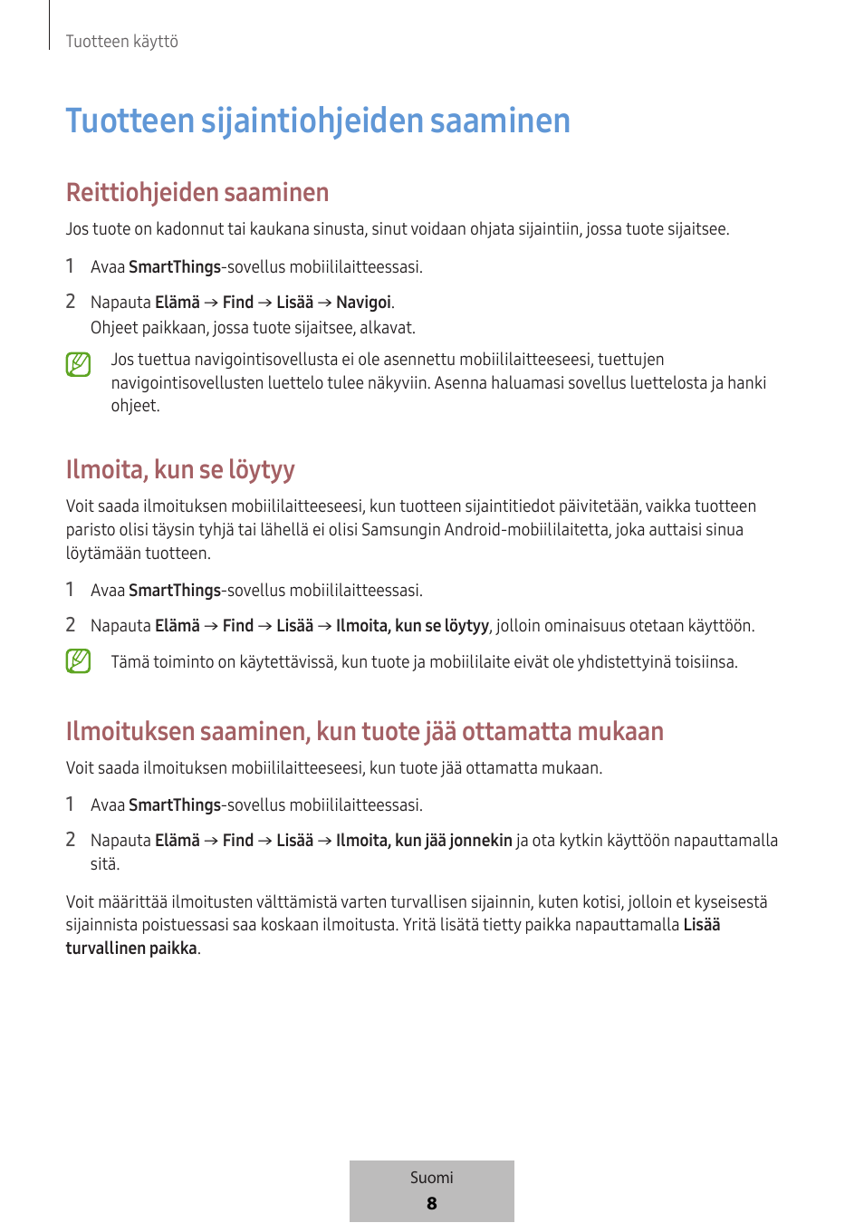 Tuotteen sijaintiohjeiden saaminen, Reittiohjeiden saaminen, Ilmoita, kun se löytyy | Samsung SmartTag2 Wireless Tracker (White) User Manual | Page 406 / 798