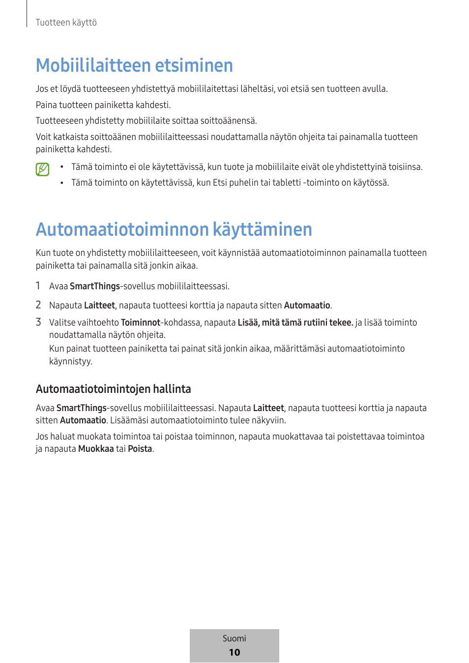 Mobiililaitteen etsiminen, Automaatiotoiminnon käyttäminen, Automaatiotoimintojen hallinta | Samsung SmartTag2 Wireless Tracker (White) User Manual | Page 408 / 798