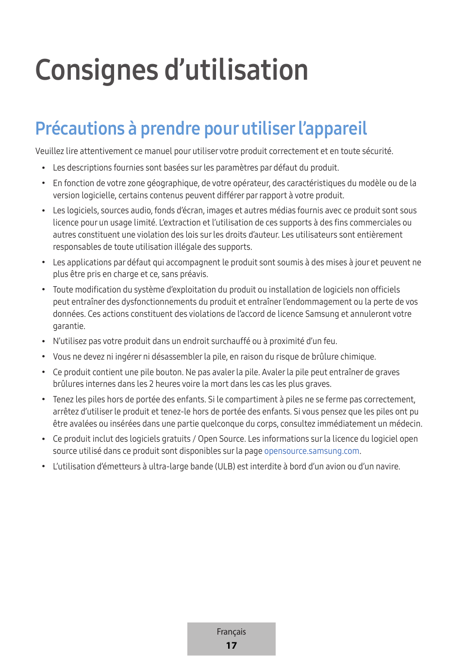 Consignes d’utilisation, Précautions à prendre pour utiliser l’appareil | Samsung SmartTag2 Wireless Tracker (White) User Manual | Page 41 / 798