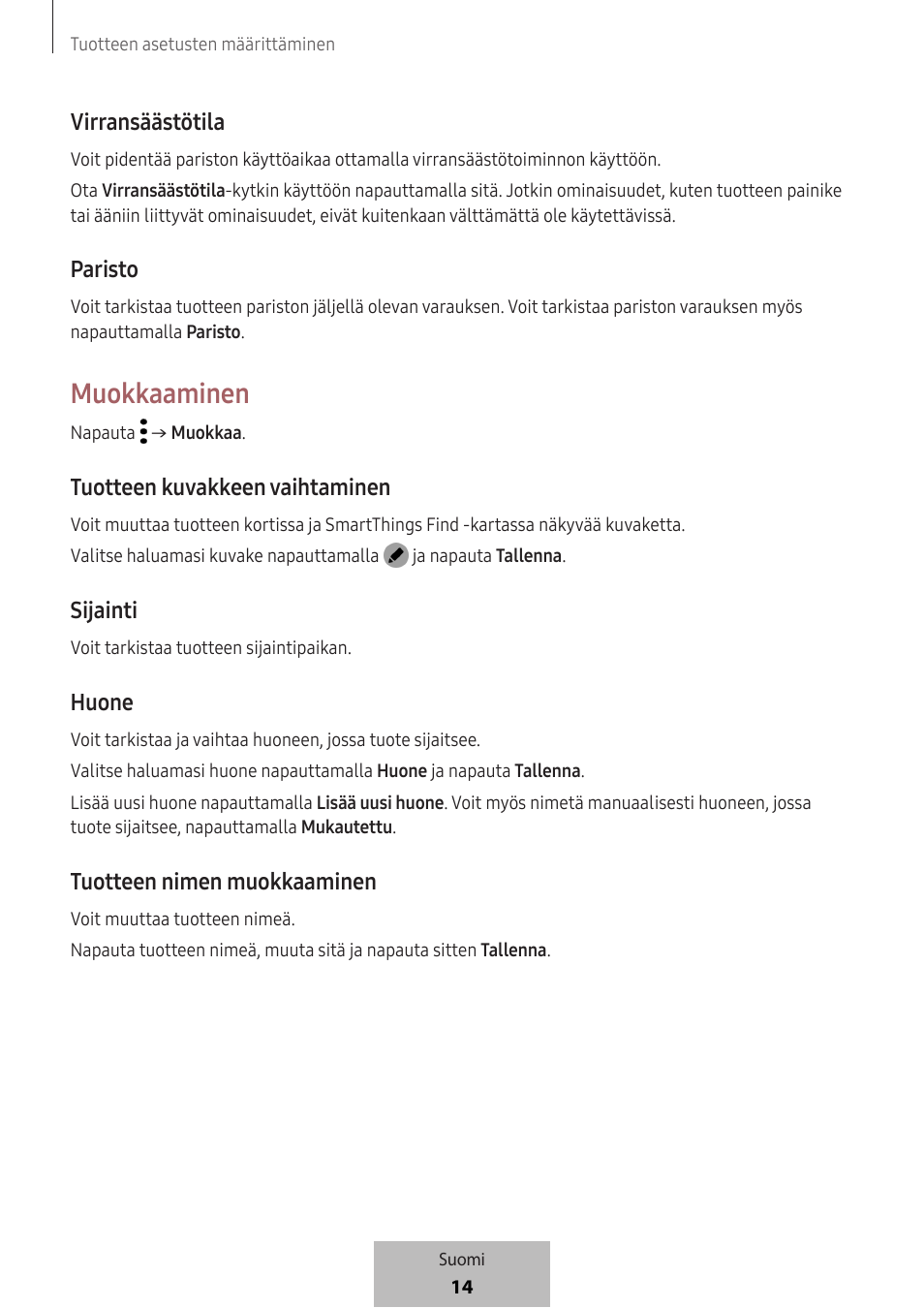 Muokkaaminen, Virransäästötila, Paristo | Tuotteen kuvakkeen vaihtaminen, Sijainti, Huone, Tuotteen nimen muokkaaminen | Samsung SmartTag2 Wireless Tracker (White) User Manual | Page 412 / 798