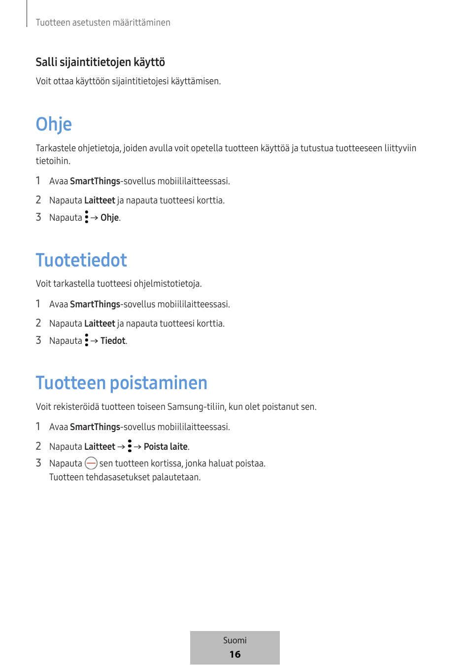 Ohje, Tuotetiedot, Tuotteen poistaminen | Samsung SmartTag2 Wireless Tracker (White) User Manual | Page 414 / 798