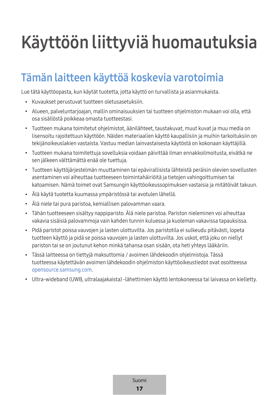 Käyttöön liittyviä huomautuksia, Tämän laitteen käyttöä koskevia varotoimia | Samsung SmartTag2 Wireless Tracker (White) User Manual | Page 415 / 798