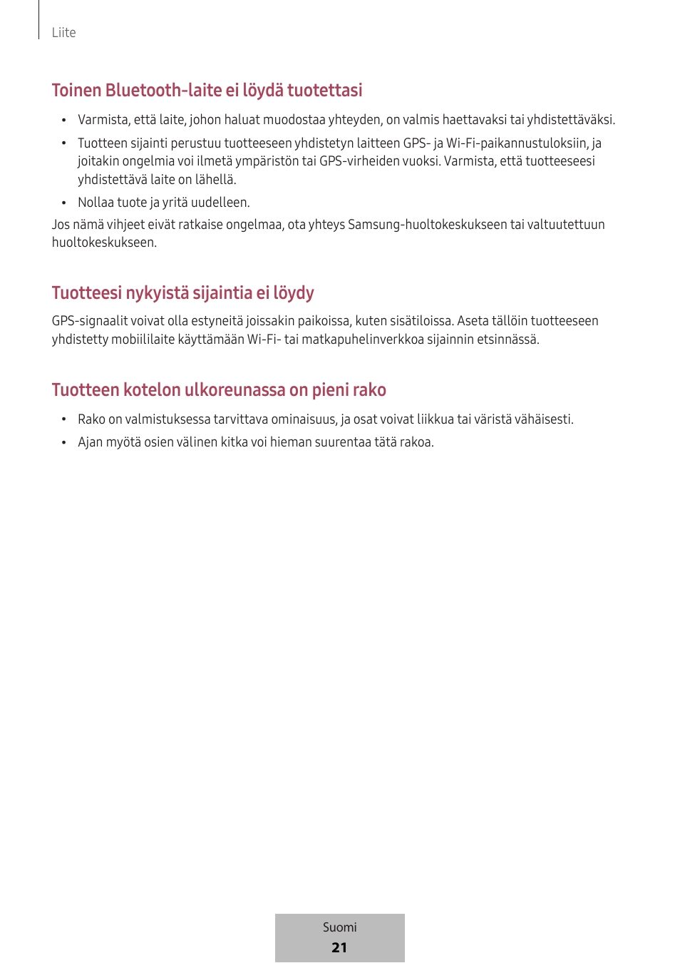 Toinen bluetooth-laite ei löydä tuotettasi, Tuotteesi nykyistä sijaintia ei löydy, Tuotteen kotelon ulkoreunassa on pieni rako | Samsung SmartTag2 Wireless Tracker (White) User Manual | Page 419 / 798