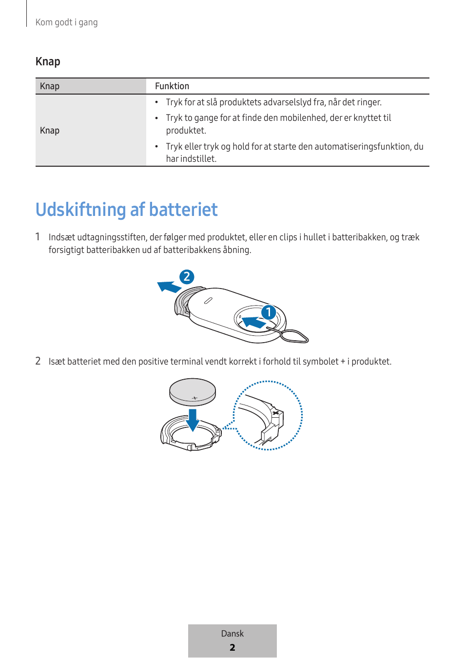 Udskiftning af batteriet, Knap | Samsung SmartTag2 Wireless Tracker (White) User Manual | Page 422 / 798