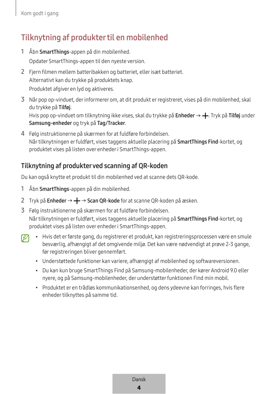 Tilknytning af produkter til en mobilenhed, Tilknytning af produkter ved scanning af qr-koden | Samsung SmartTag2 Wireless Tracker (White) User Manual | Page 424 / 798