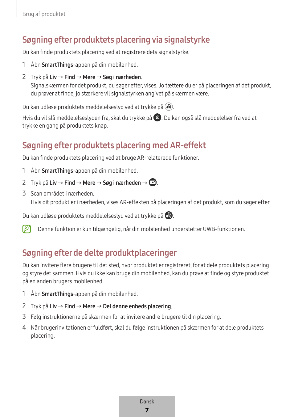 Søgning efter produktets placering med ar-effekt, Søgning efter de delte produktplaceringer | Samsung SmartTag2 Wireless Tracker (White) User Manual | Page 427 / 798