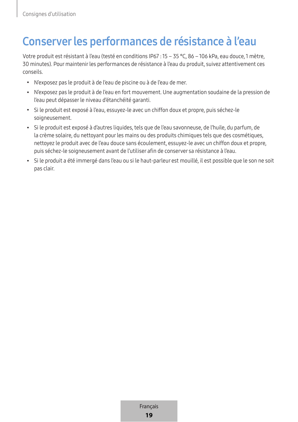 Conserver les performances de résistance à l’eau | Samsung SmartTag2 Wireless Tracker (White) User Manual | Page 43 / 798