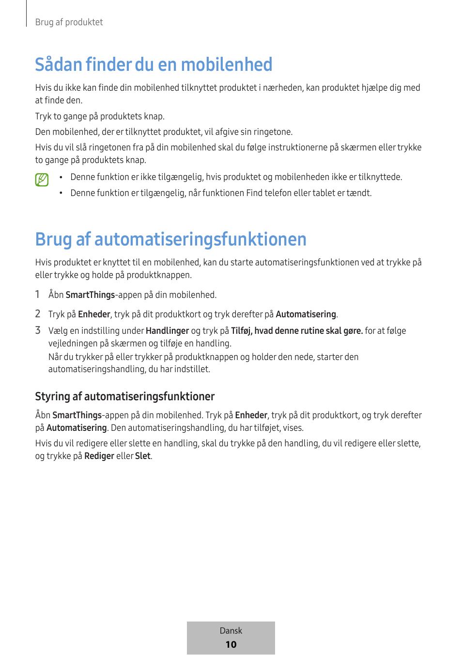 Sådan finder du en mobilenhed, Brug af automatiseringsfunktionen, Styring af automatiseringsfunktioner | Samsung SmartTag2 Wireless Tracker (White) User Manual | Page 430 / 798