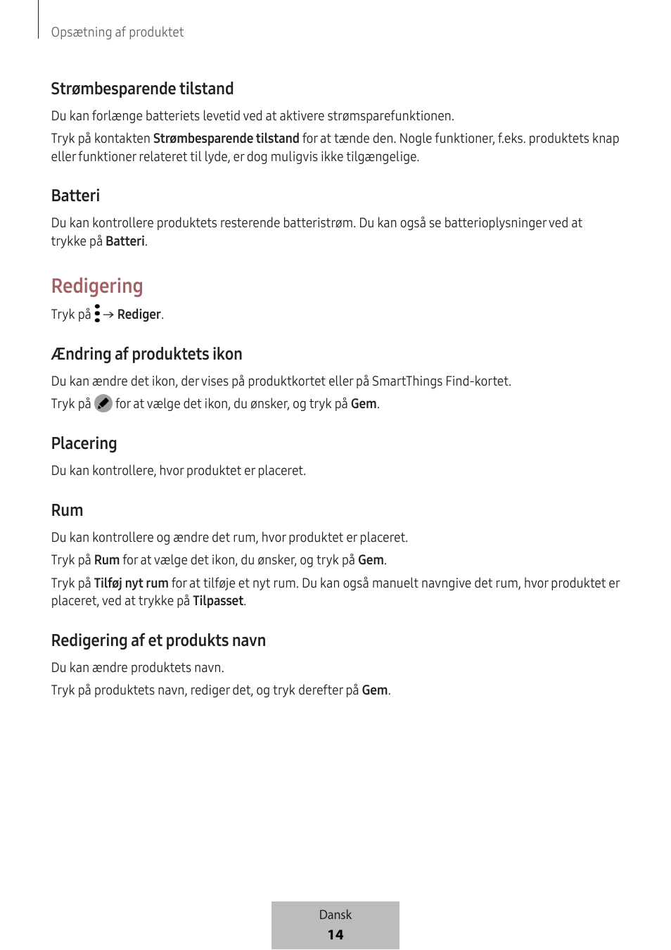 Redigering, Strømbesparende tilstand, Batteri | Ændring af produktets ikon, Placering, Redigering af et produkts navn | Samsung SmartTag2 Wireless Tracker (White) User Manual | Page 434 / 798