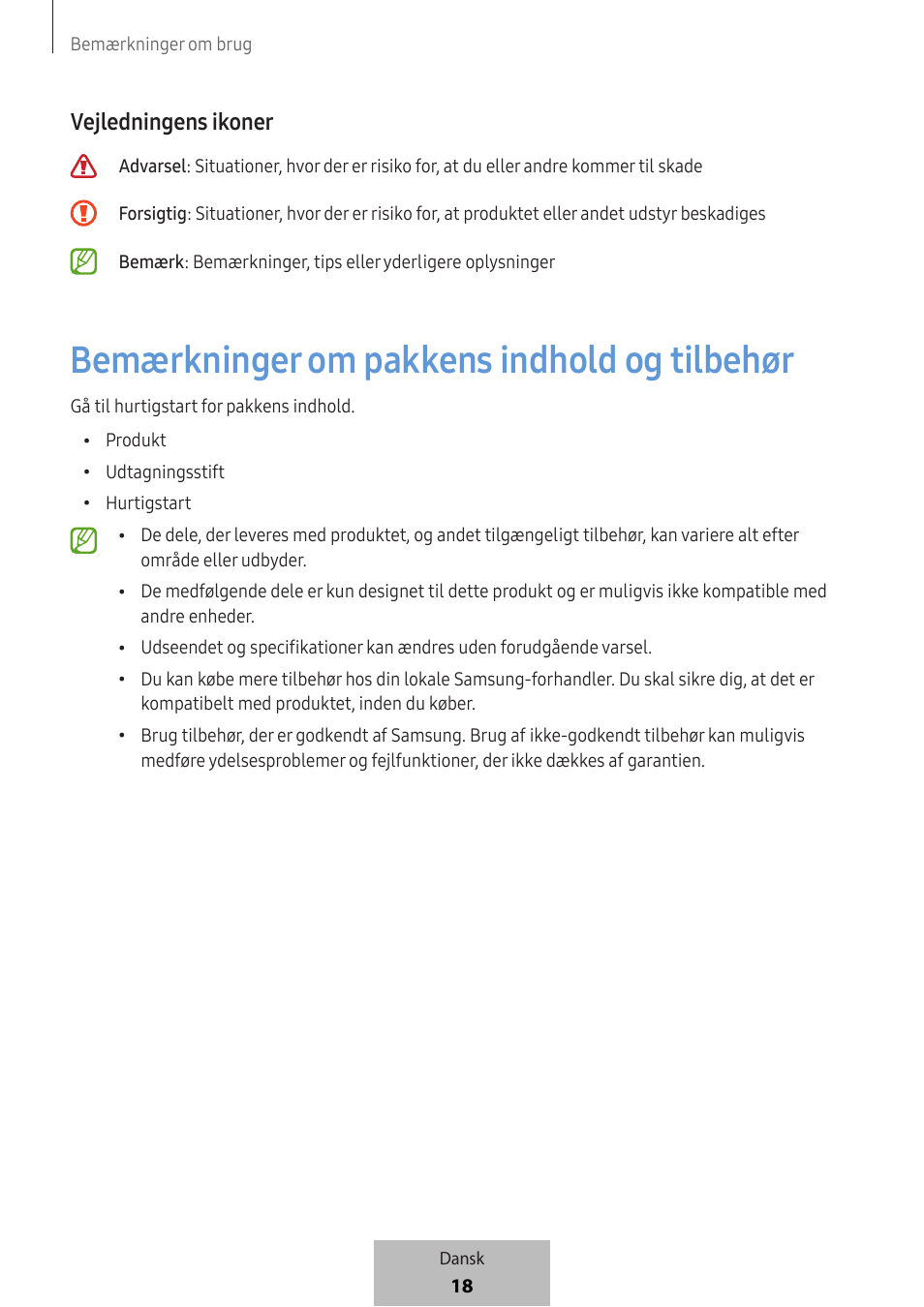 Bemærkninger om pakkens indhold og tilbehør, Vejledningens ikoner | Samsung SmartTag2 Wireless Tracker (White) User Manual | Page 438 / 798