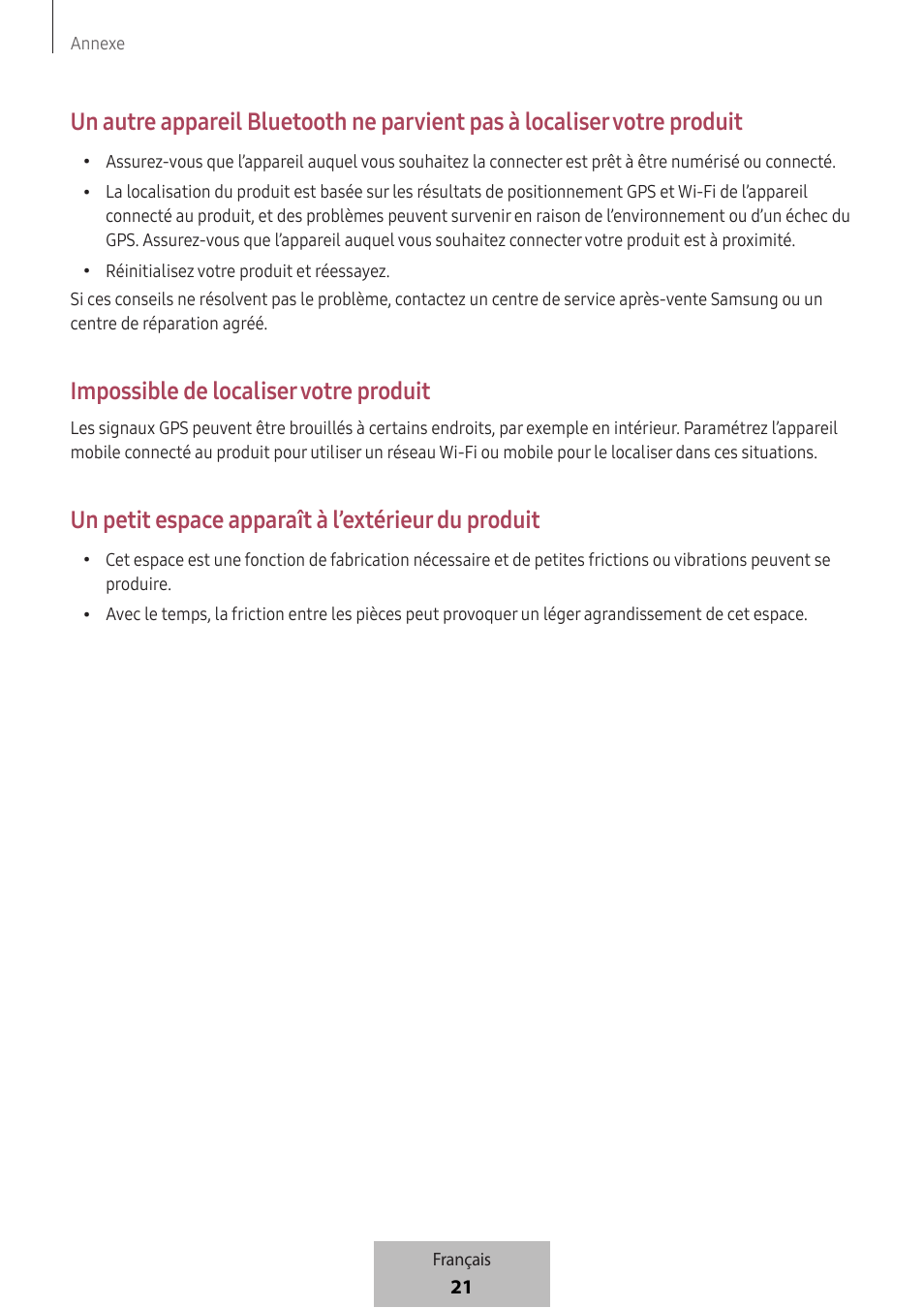 Impossible de localiser votre produit, Un petit espace apparaît à l’extérieur du produit | Samsung SmartTag2 Wireless Tracker (White) User Manual | Page 45 / 798