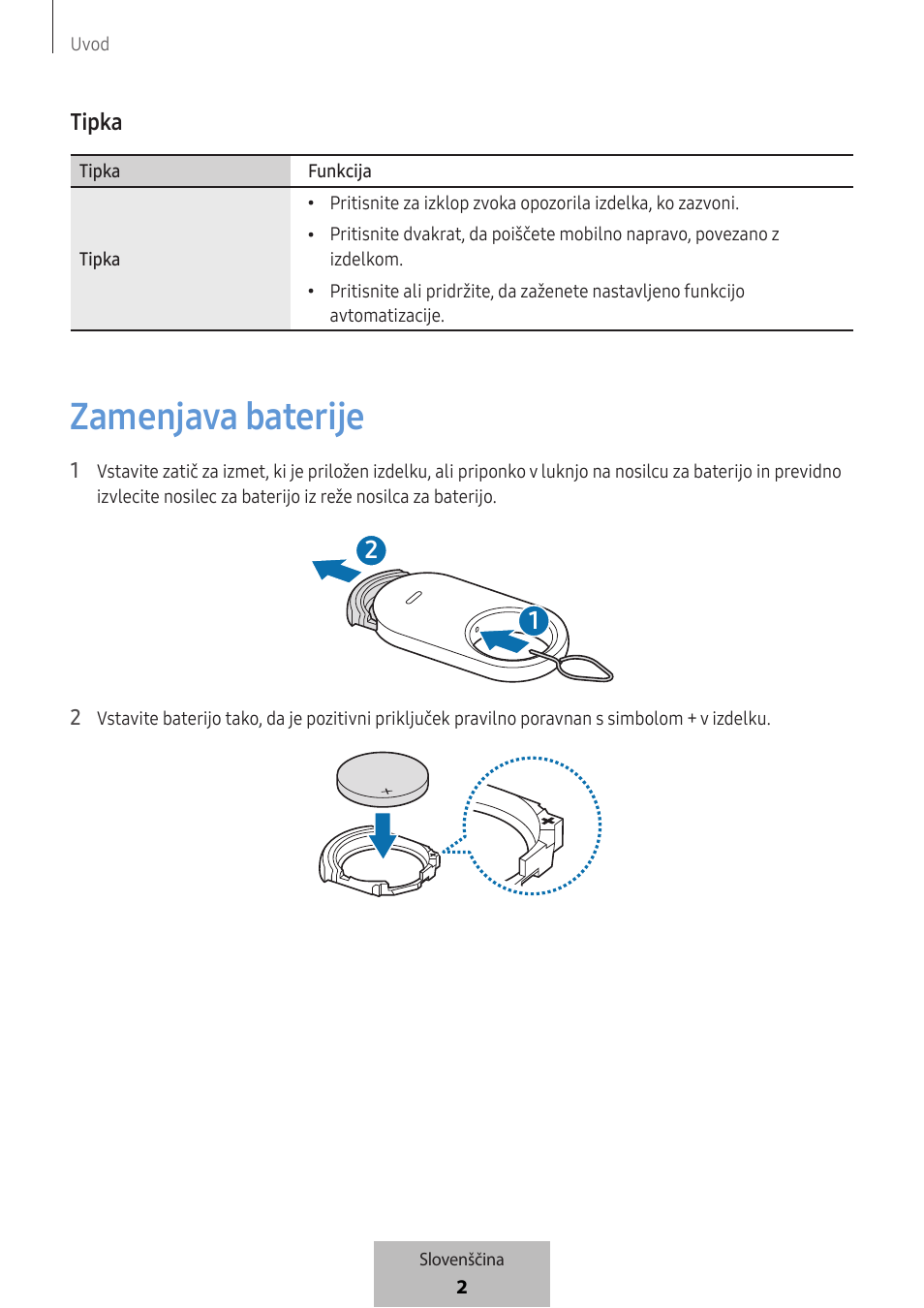 Zamenjava baterije, Tipka | Samsung SmartTag2 Wireless Tracker (White) User Manual | Page 466 / 798